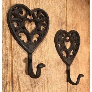 TWO Heart Coat Hook Towel Hat Hanger Holder Rustic Cast Iron Ornate Style 0503